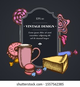 Dark badge design with macaron, lollipop, candies, lollipop, cheesecake, cups, donut