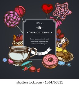 Dark badge design with macaron, lollipop, candies, lollipop, eclair, cupcake, cups, donut, cake