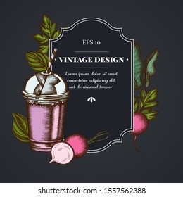 Dark badge design with radish, greenery, basil, smoothie cup