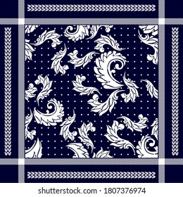 Dark bandana pattern inspired by Turkish art. Flourish framed print with paisley elements. Man fashion textile collection. White on blue background.