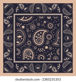 Dark bandana scarf paisley fabric patchwork abstract vector seamless pattern.