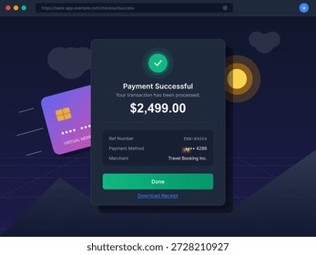 Pantalla oscura del Completar compra de Web bancarios que muestra una transacción de pago completada, cantidad pagada, detalles de la tarjeta virtual, número de referencia y Descarga del Comprobante en una interfaz de usuario moderna de fintech.