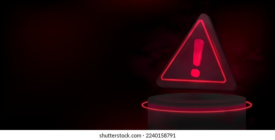 Dark banner with 3D red triangle warning sign. The concept of warning, security, attention, informing. 3D Realistic sign attention in red neon color on stage with glow, light, smoke effect. Vector