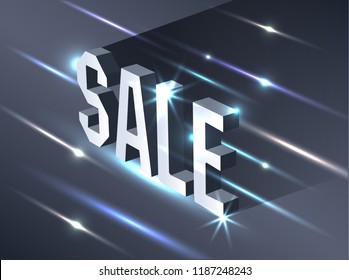 Dark banner for black Friday sale. Metallic isometric text bright billboard on black background. Concept of advertising for seasonal offer.