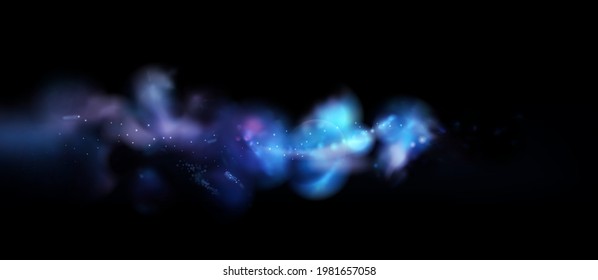 Dark banner with colorful fog, glow and magic neon effect. Blue and purple smooth light like space energy. Vector abstract background in motion gas and blend glow. Modern magic wallpaper