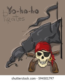 Dark banner with flags, pirates skulls and guns. Vector illustration