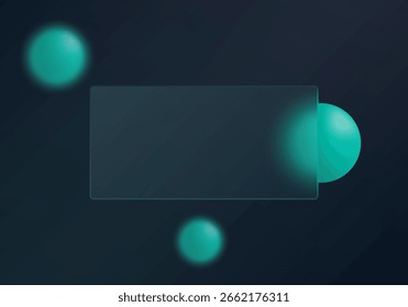 Dark banner with glass morphism effect and turquoise 3D spheres on gradient background