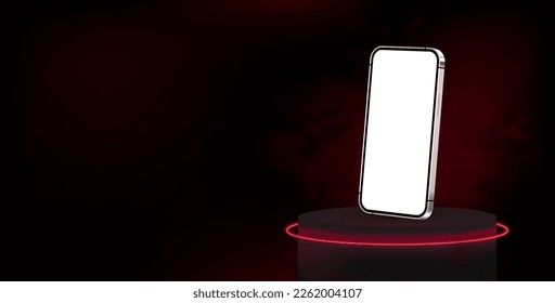 Dark banner with a smartphone in black and red colors. 3D mobile phone on podium with neon. Futuristic smartphone for presentation product. UI, GUI, HUD mockup. Vector mockup cellphone in red colors