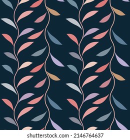 Dark base with colorful elements, leaf vector pattern, seamless botanical print, garland background, endless repeating tile.