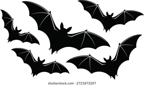 Siluetas oscuras de murciélago con alas abiertas sobre un fondo blanco, perfectas para decoraciones de Halloween, temas espeluznantes o diseños de animales nocturnos.