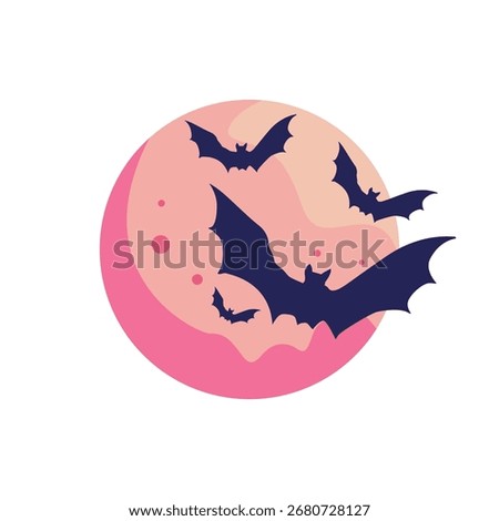 Dark bats flying in front of a pink full moon in flat cartoon style for Halloween theme.