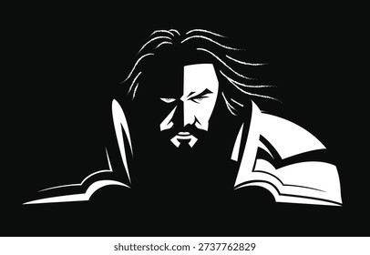 Dark bearded warrior reading book dramatic high contrast silhouette illustration
