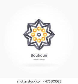 Dark beautiful circular logo for boutique, flower shop, business, interior. Company mark, emblem, element. Simple geometric mandala logotype. Kaleidoscope big bud. Surround abstract blossom.