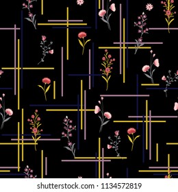 Dark Beautiful and gentle Seamless pattern delicate meadow many kind of  flowers vector with check or grid check for fashion ,wallpaper ,book ETC on black background