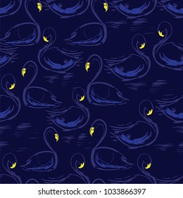 A dark Beautiful hand drawing seamless pattern with swans on the lake. Vector illustration on midnight blue background