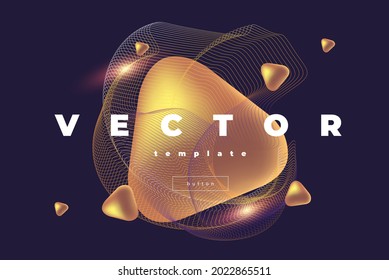 Dark beautiful vector design with golden volumetric rounded shapes and grid from thin wavy lines and sparkling on the black background