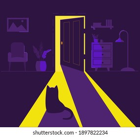 Dark bedroom interior silhouette color vector illustration.with cat 