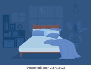 Dark Bedroom With Unmade Bed Flat Color Vector Illustration. Messy Blanket And Pillow. Disheveled Bed. Fully Editable 2D Simple Cartoon Interior With Cozy Atmosphere And Nighttime On Background