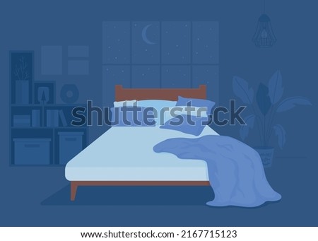 Dark bedroom with unmade bed flat color vector illustration. Messy blanket and pillow. Disheveled bed. Fully editable 2D simple cartoon interior with cozy atmosphere and nighttime on background
