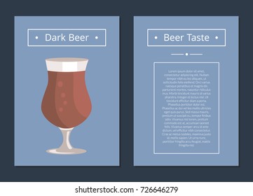 Dark beer collection of posters with text. Isolated vector illustration of full glass of tasty freshly brewed lager on blue background
