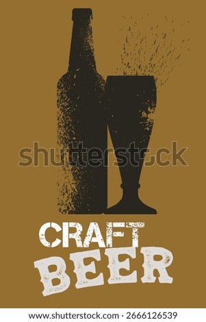 Dark beer, craft, bar poster, beer bottle, glass, flat style, grunge scratch texture. Restaurant banner, minimalist style, lager beer, party, oktoberfest, beer sale decor, booze