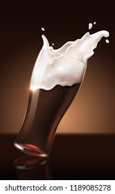 Dark beer in glass cup, refreshing drink with white foam in 3d illustration, splashing beer vector illustration