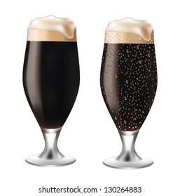 Dark beer in glass with drops on white background vector