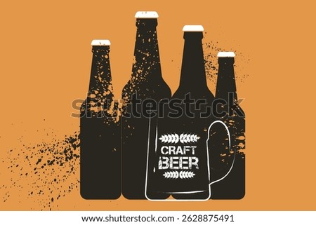 Dark beer, hops, craft, pub poster. Vector design bar, party, lager beer, beer bottle set, glass, oktoberfest