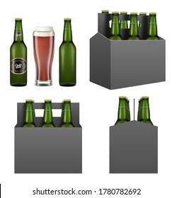 Conjunto de maquillaje de la caja de cerveza oscura, ilustración vectorial aislada en fondo blanco. Botellas de cerveza realistas, taza y seis cajas de cartón con mango lleno de bebidas alcohólicas embotelladas.