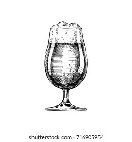 Dark Beer in tulip glass. Vector illustration of weizen in ink hand drawn style. isolated on white.