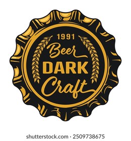 Dark beer vintage emblem colorful with metal cap for alcoholic drink with year formation and two cherry blossoms vector illustration