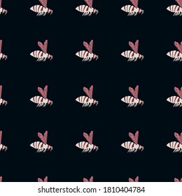 Las abejas oscuras dan forma a un patrón sin fisuras. Sencillo garganta de insectos de doodle con fondo negro. Fondo decorativo para papel pintado, textil, papel envolvente, impresión de tela. Ilustración vectorial.