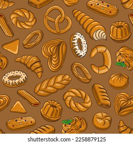 DARK BEIGE SEAMLESS VECTOR BACKGROUND WITH DELICIOUS SWEET PASTRIES