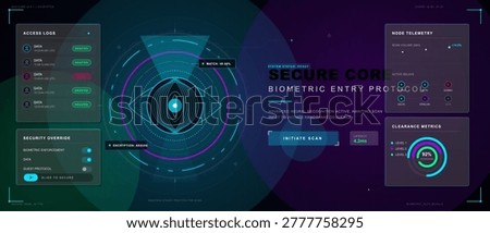 Dark biometric security dashboard interface with access logs, circular scan target, node telemetry, clearance metrics and override controls