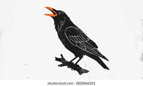 Dark bird illustration with vintage texture and detailed feathers.