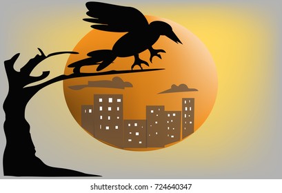 Dark bird on tree,orange moon and building background,Halloween days