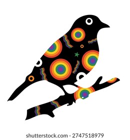 Dark bird silhouette sitting on wood branch featuring colorful rainbow circle designs