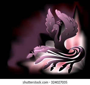 The dark bird witch makes a magic rite, flaps its wings. EPS10 vector illustration.