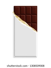 Dark bitter chocolate bar in a blank wrapper mock up. Sweet dessert package template. Vector illustration