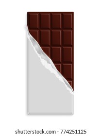 Dark bitter chocolate bar in blank wrapper mock up. Vector illustration