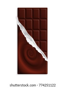 Dark bitter chocolate bar in wrapper with a swirl. Vector illustration