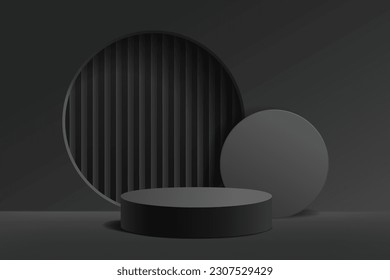 Dark black 3D cylinder podium with minimal geometric circle shape scene background for display products presentation, Modern abstract for cosmetic advertising, Vector illustration