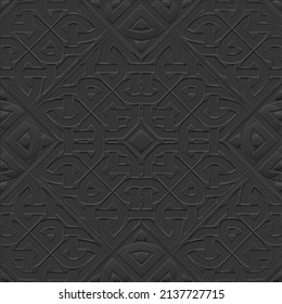 Dark black 3d embossed seamless pattern. Celtic style ornamental textured vector background. Modern repeat surface backdrop. Geometric emboss ornaments with grunge lines, shapes, knots, rhombus. 