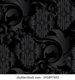 Dark black 3d flowers seamless pattern. Floral surface background wallpaper illustration. Flourish abstract ornaments. Luxury vector texture. Decor elements with shadows and highlights.