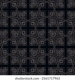 Dark black 3d luxury elegant ornate modern art Deco seamless pattern with gold lines, abstract flowers, greek key meanders, mazes. Vector ornamental trendy black 3d background. Endless 3d texture