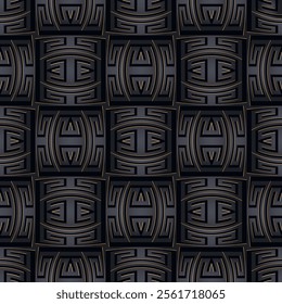 Dark black 3d luxury elegant ornate modern art Deco seamless pattern with gold lines, abstract shapes, greek key meanders, mazes. Vector ornamental trendy black 3d background. Endless 3d texture