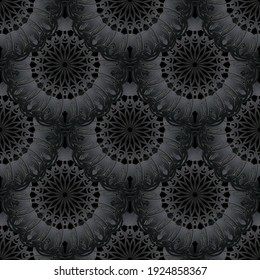 Dark black 3d mandalas seamless pattern. Ornamental background. Vector backdrop. Floral round ornaments. Vintage textured black flowers, leaves. Beautiful luxury design for textile, print, wallpapers.