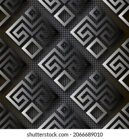 Dark black 3d seamless pattern. Grid halftone squares vector background. Checkered repeat tribal ethnic greek style backdrop. Elegant geometric 3d ornament with shadows. Ornate luxury endless texture.