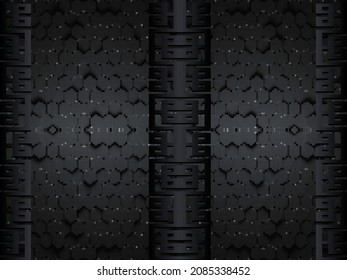 Dark black 3d seamless pattern with greek borders. Shiny halftone honeycomb background. Vector repeat textured backdrop. Luxury royal black 3d ornament. Greek key, meander, borders, circles, shadows.