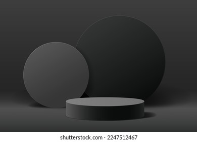 Forma geométrica 3d de color negro oscuro y abstracto, escena mínima para el fondo de la presentación del producto, podio del cilindro para productos de visualización y solapamiento de forma circular detrás, ilustración del vector